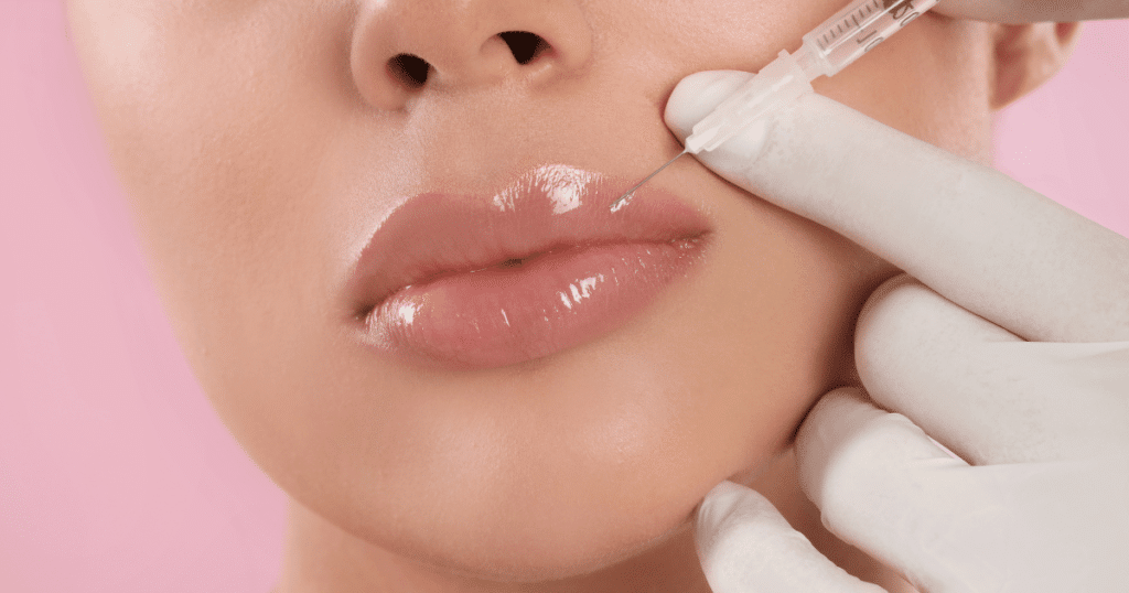 Close-up of lips enhanced with filler, showcasing a natural, plumped-up appearance.