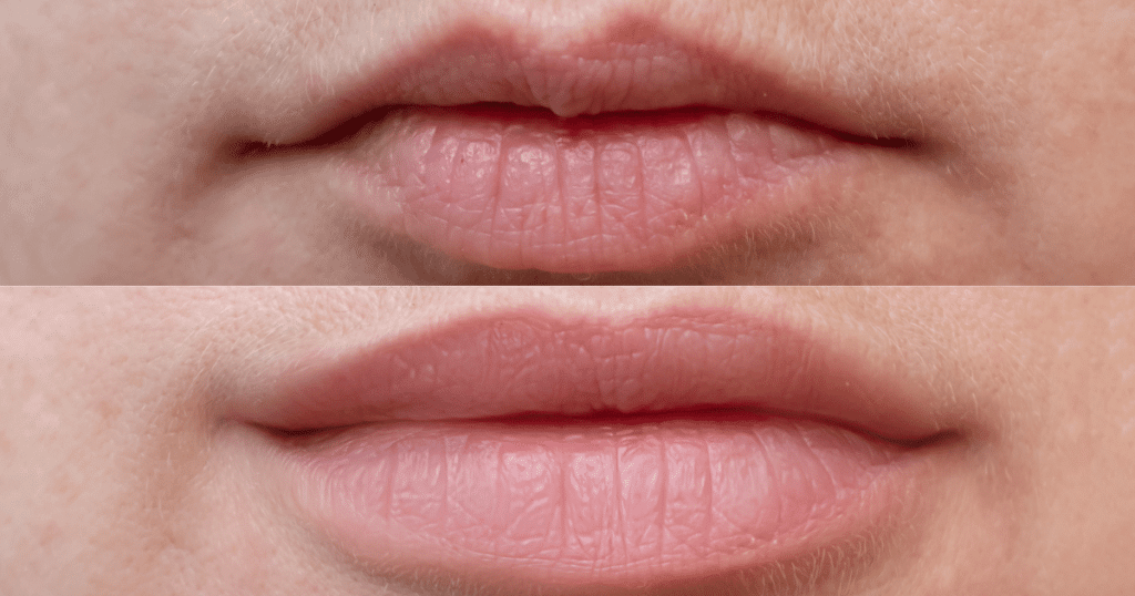 Before and after of a botox  lip flip procedure.