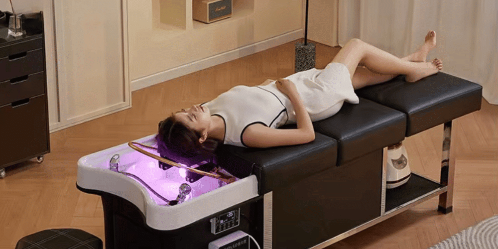 Scalp and Head massage using a specialized bed to provide clients with a comfortable and relaxing head massage experience, scalp exfoliation, LED light therapy, and deep hair washing using our hair growth–stimulating shampoo and conditioner.