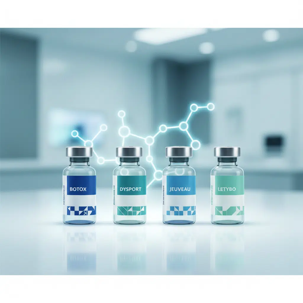 A bright, professional medical spa setting featuring the four FDA-approved wrinkle relaxers—Botox, Dysport, Jeuveau, and Letybo—arranged neatly on a sterile surface. The image highlights a clean, clinical aesthetic with a focus on personalized skincare choices and high-quality injectable treatments for facial rejuvenation.