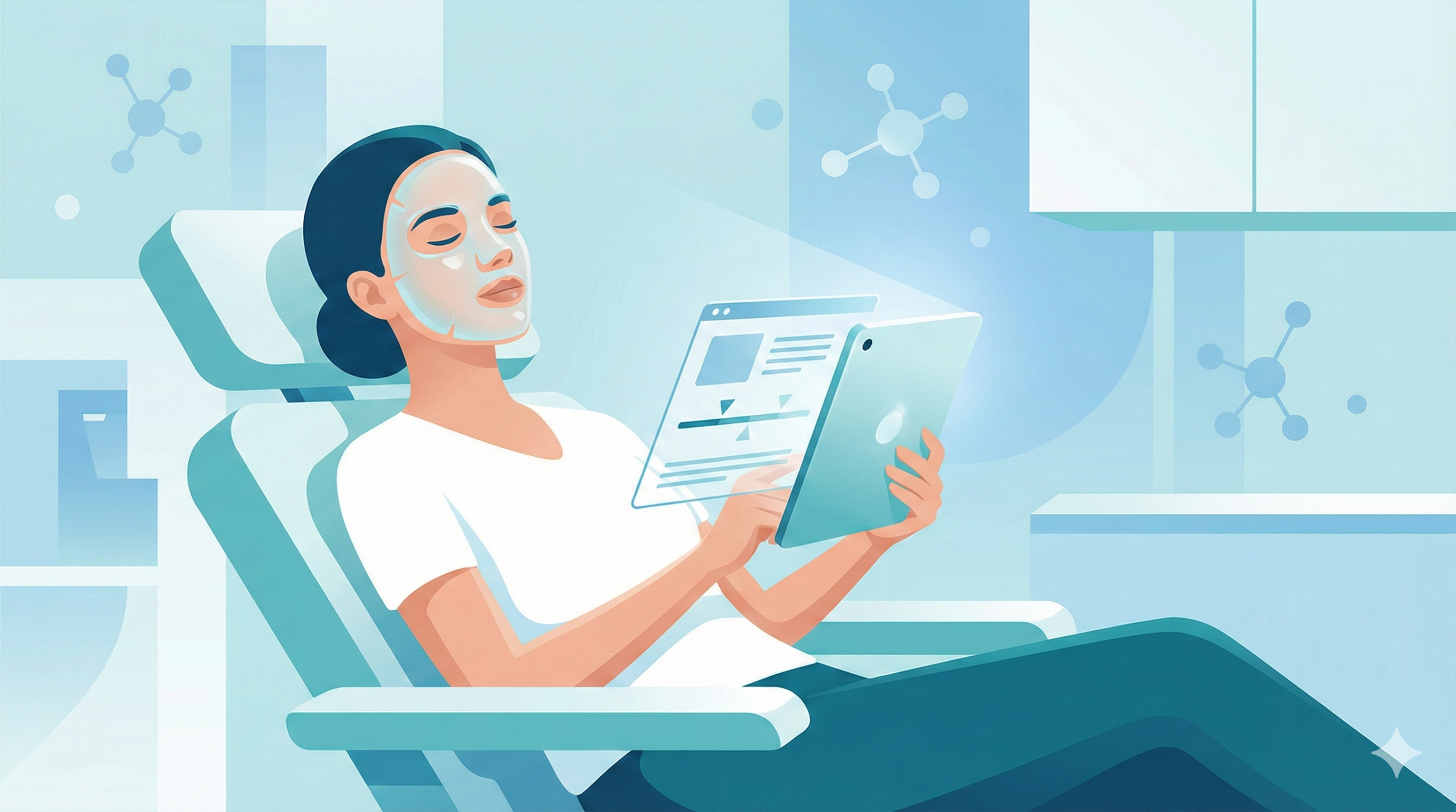Woman relaxing with skincare mask reading Botox aftercare instructions on tablet