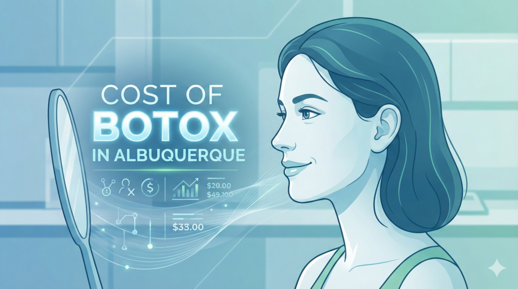 Woman looking in mirror smiling, overlay text about cost of Botox in Albuquerque