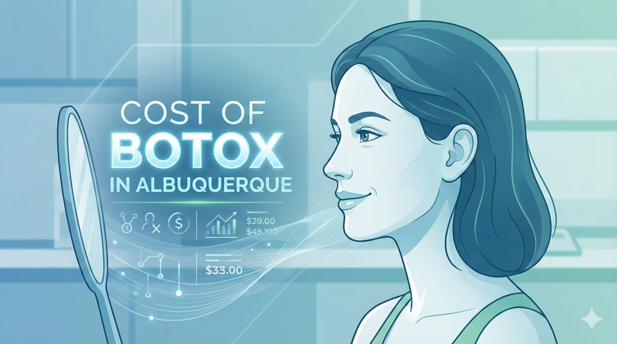 Woman looking in mirror smiling, overlay text about cost of Botox in Albuquerque